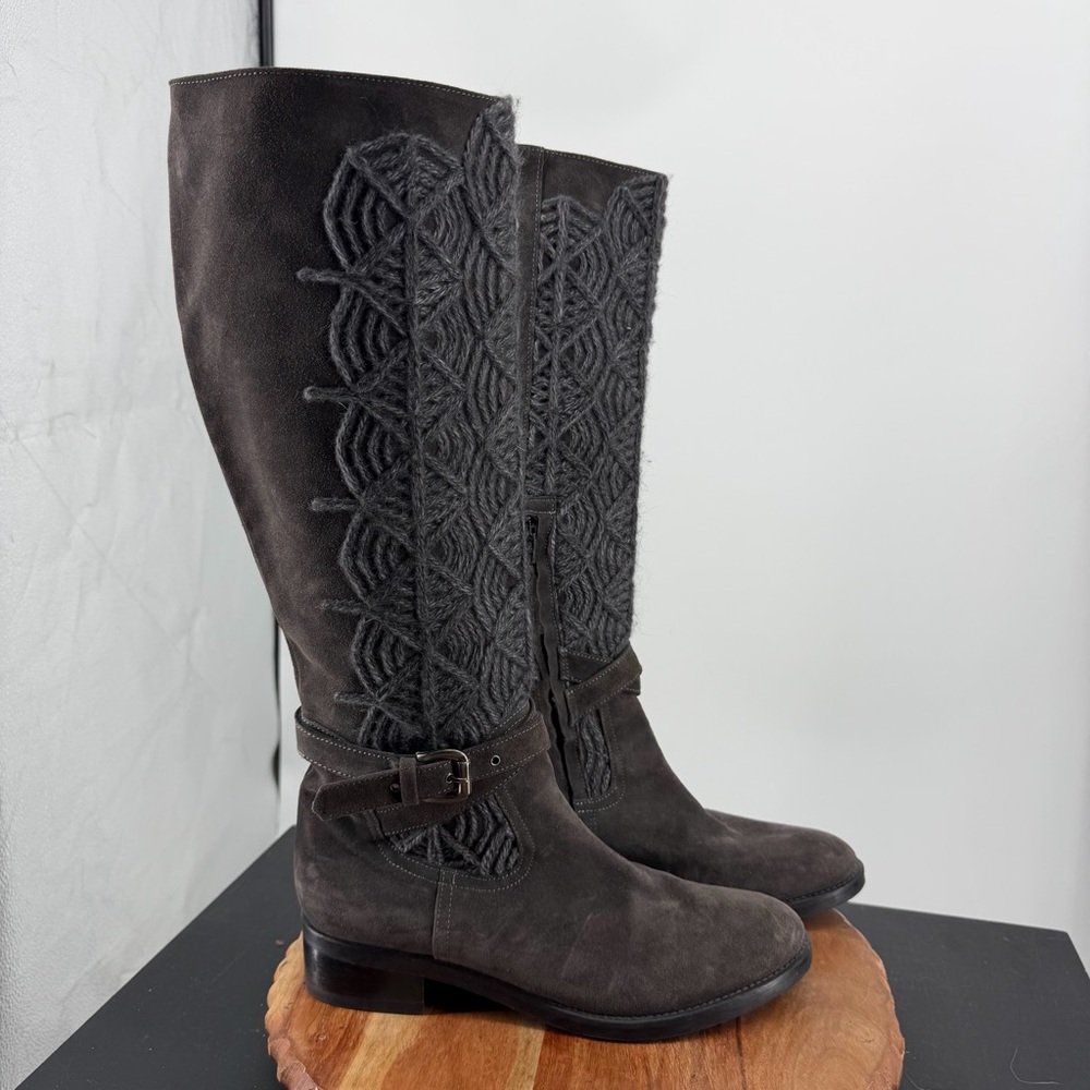 Napoleoni‎ suede knee-high boots sweater-knit embroidered shaft buckled strap 41